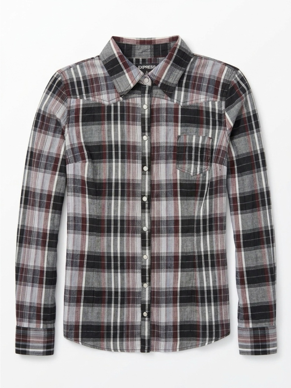 Guess Pearl Snap Plaid Button-Down Shirt - Black, Gray & Burgundy
